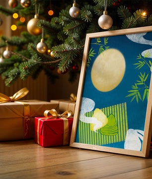 Moonlit night with bamboo and dumplings on a mat