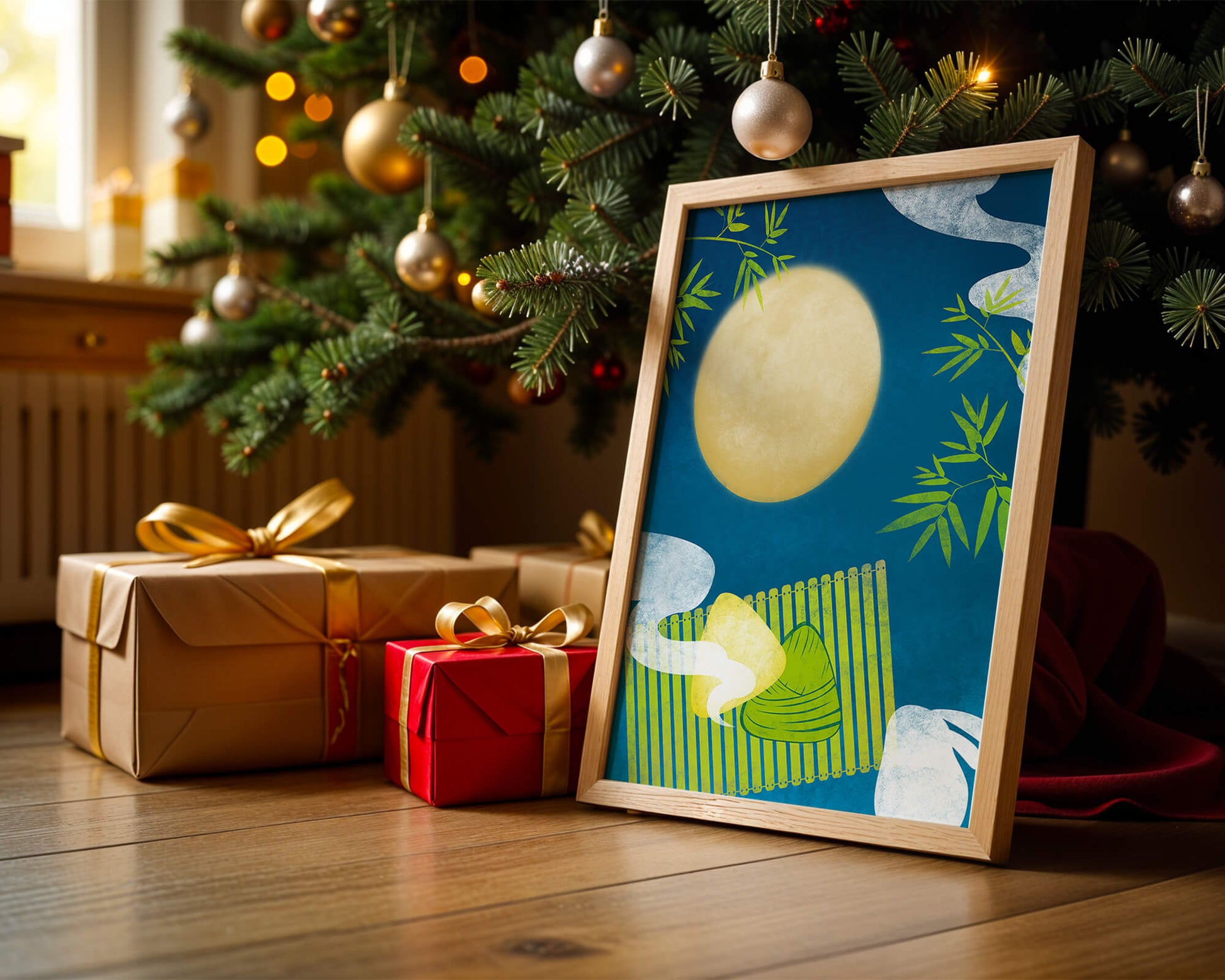 Moonlit night with bamboo and dumplings on a mat