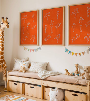 Geometric animal patterns on vibrant orange background