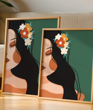Elegante Illustration einer Frau mit floralem Haarteil