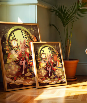 Festive celebration with a lantern-carrying character amidst fireworks and moonlight