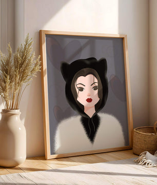 Illustration of a woman in a cat hoodie on a soft gray background