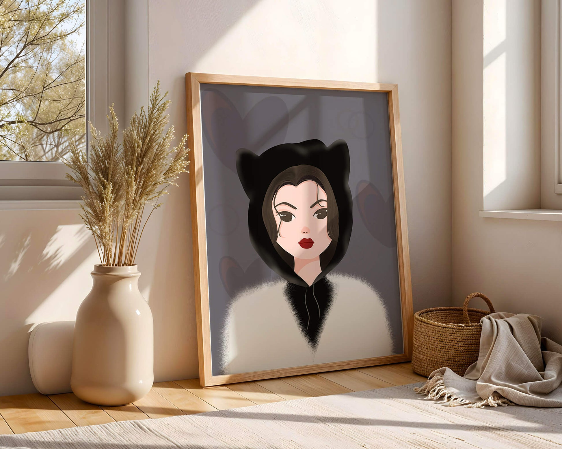 Illustration of a woman in a cat hoodie on a soft gray background