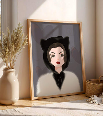 Illustration of a woman in a cat hoodie on a soft gray background