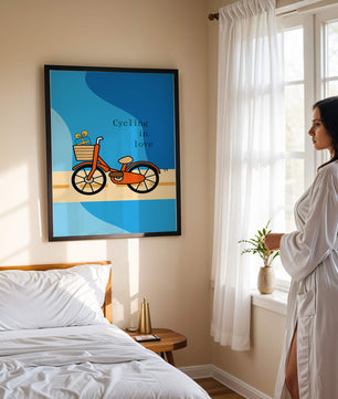 Bicicleta colorida con un regalo en la cesta sobre fondo azul