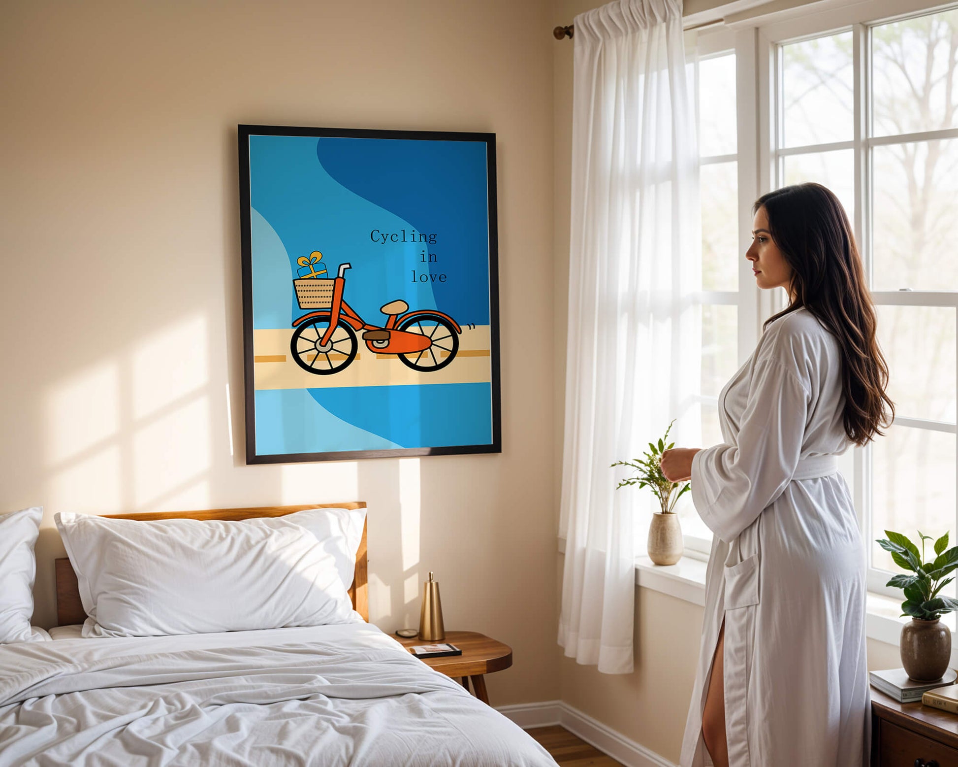 Colorful bicycle with a gift in basket against blue background