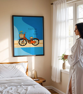 Colorful bicycle with a gift in basket against blue background