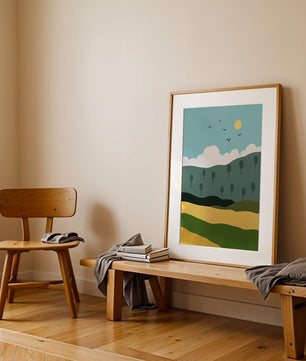 Minimalist Landscape with Hills and Sun
