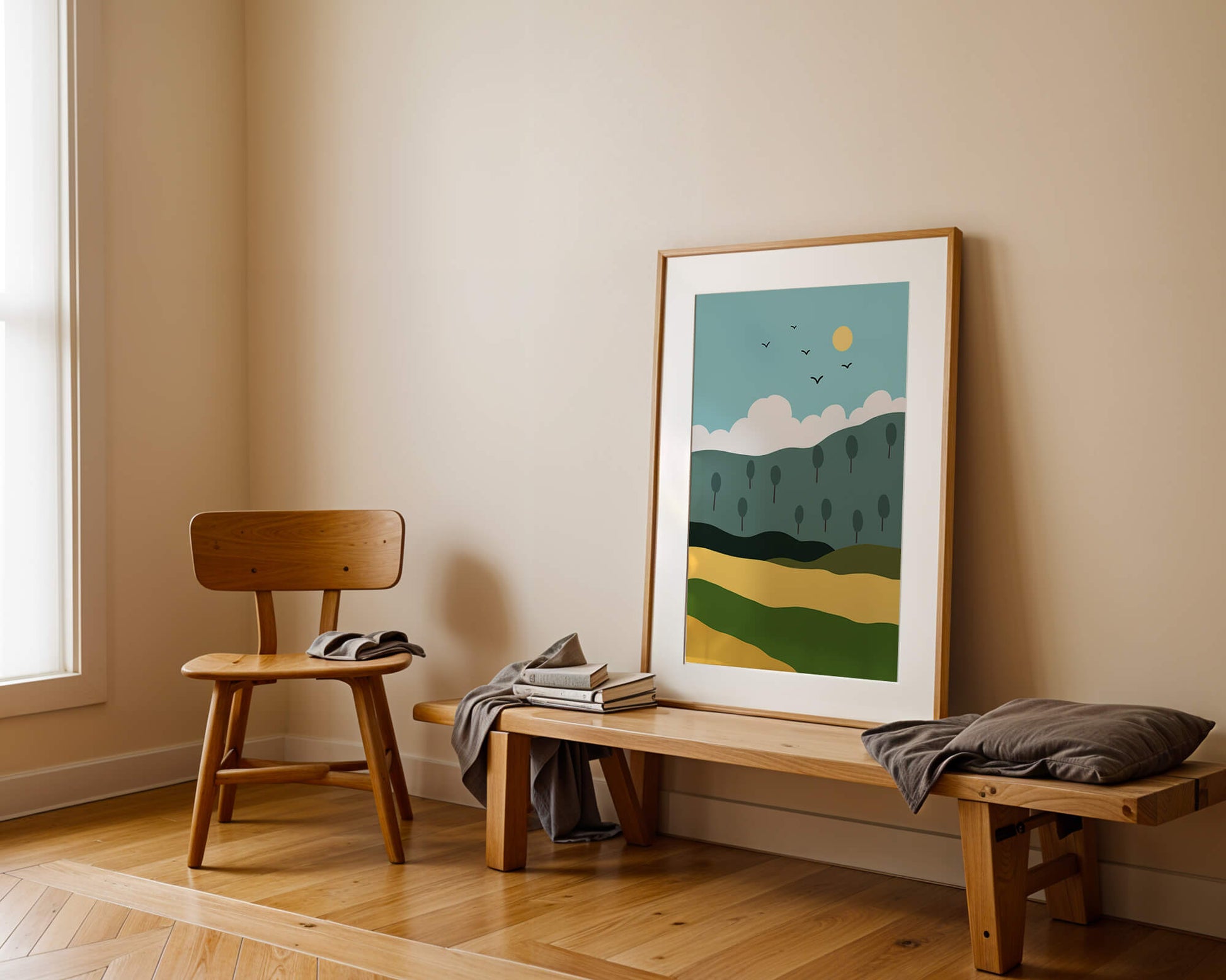 Minimalist Landscape with Hills and Sun