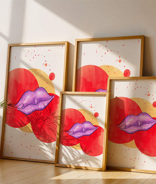 Vibrant Abstract Artwork Featuring Purple Lips on Watercolor Background