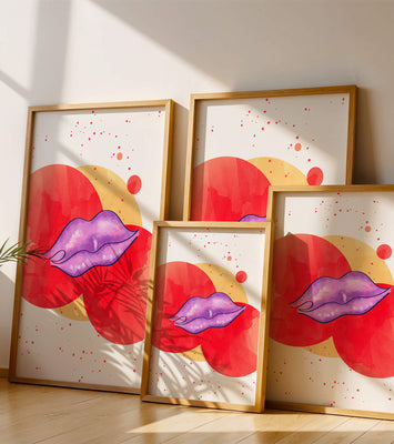 Vibrant Abstract Artwork Featuring Purple Lips on Watercolor Background