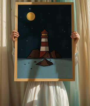 Escena nocturna tranquila con faro y estrellas que reflejan serenidad