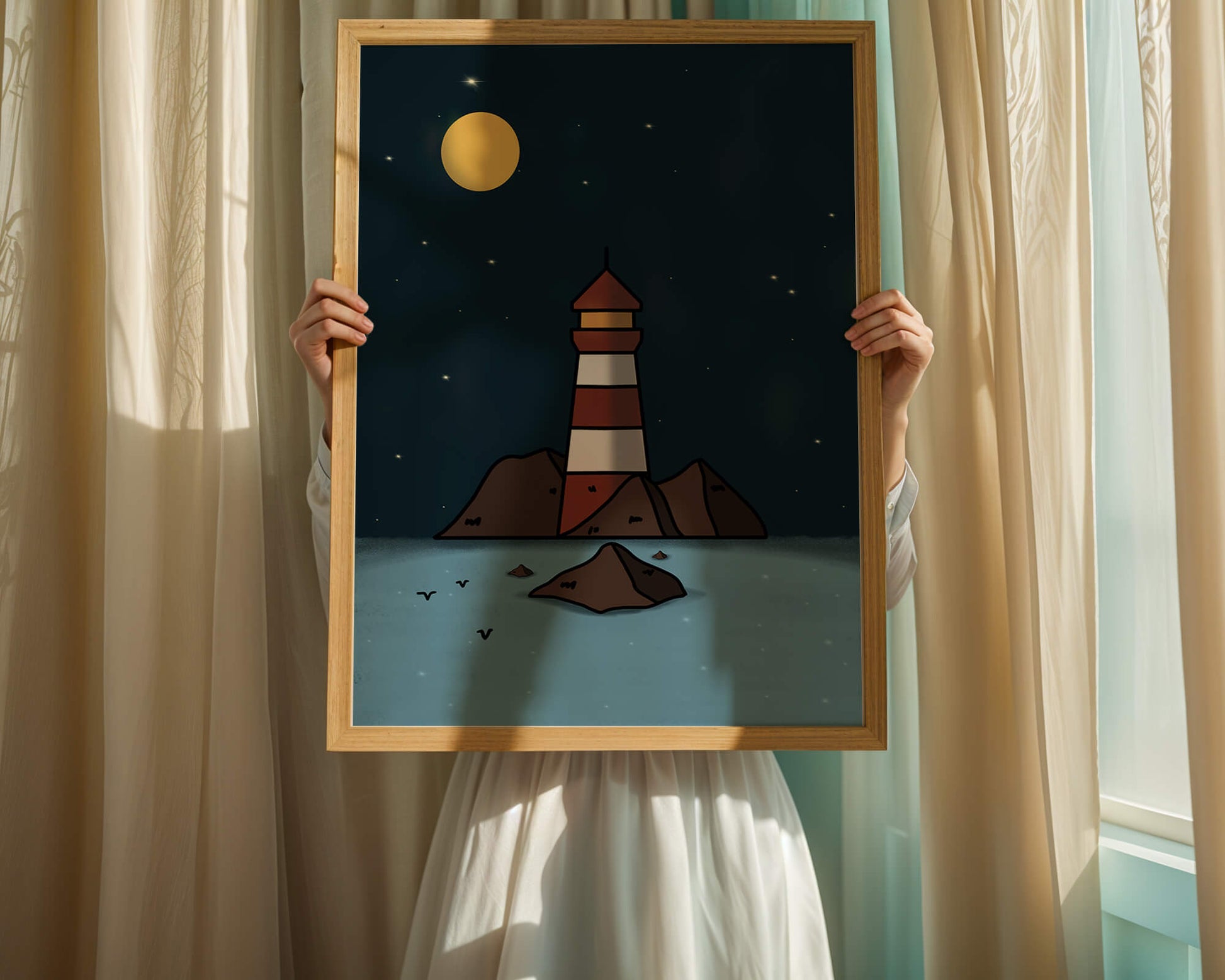 Escena nocturna tranquila con faro y estrellas que reflejan serenidad.