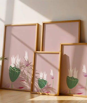 Whimsical Rabbits on Lotus with Pink Background