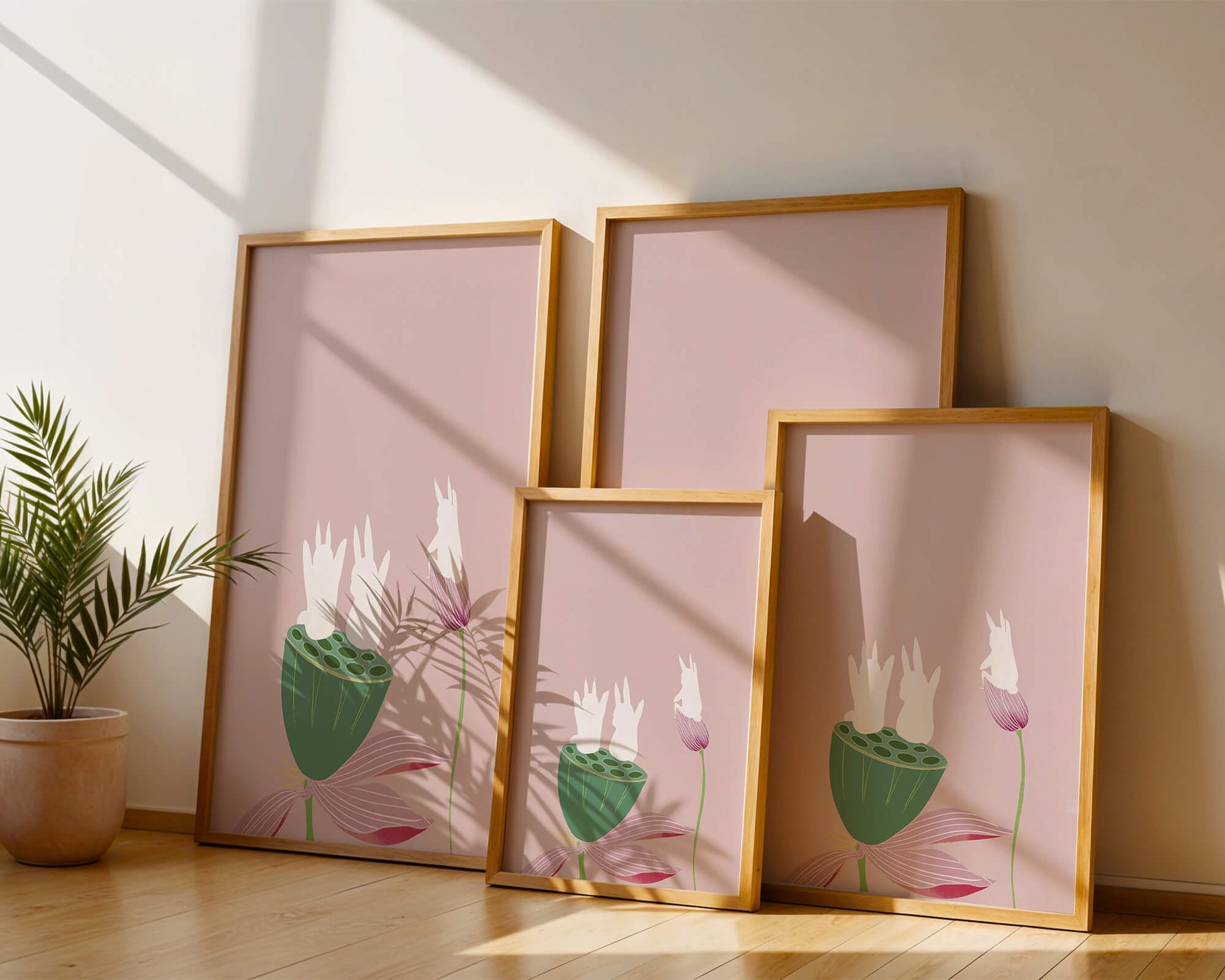 Whimsical Rabbits on Lotus with Pink Background