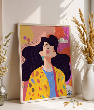 Ilustración colorida de una mujer en estilo artístico con fondo vibrante