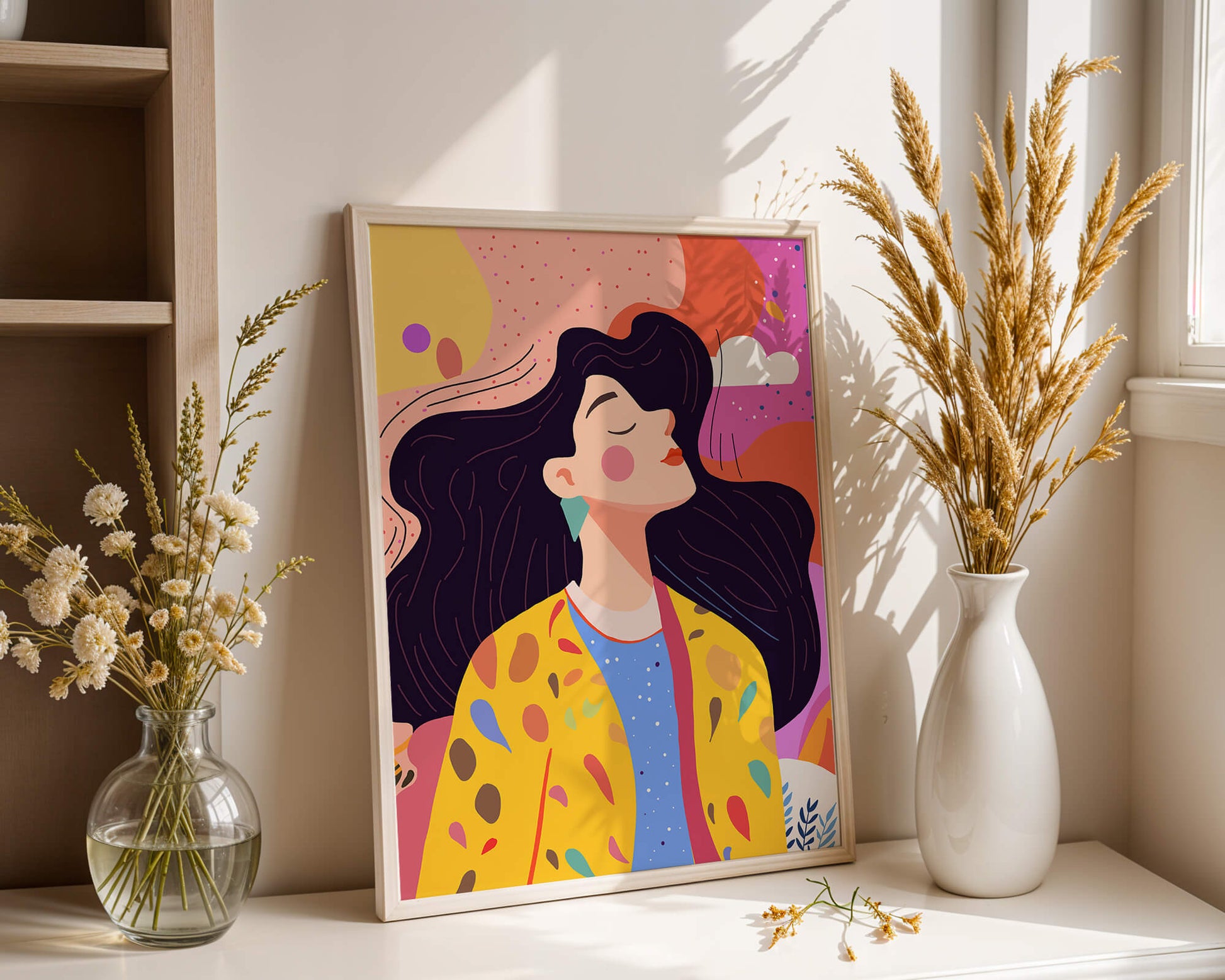 Ilustración colorida de una mujer en estilo artístico con fondo vibrante