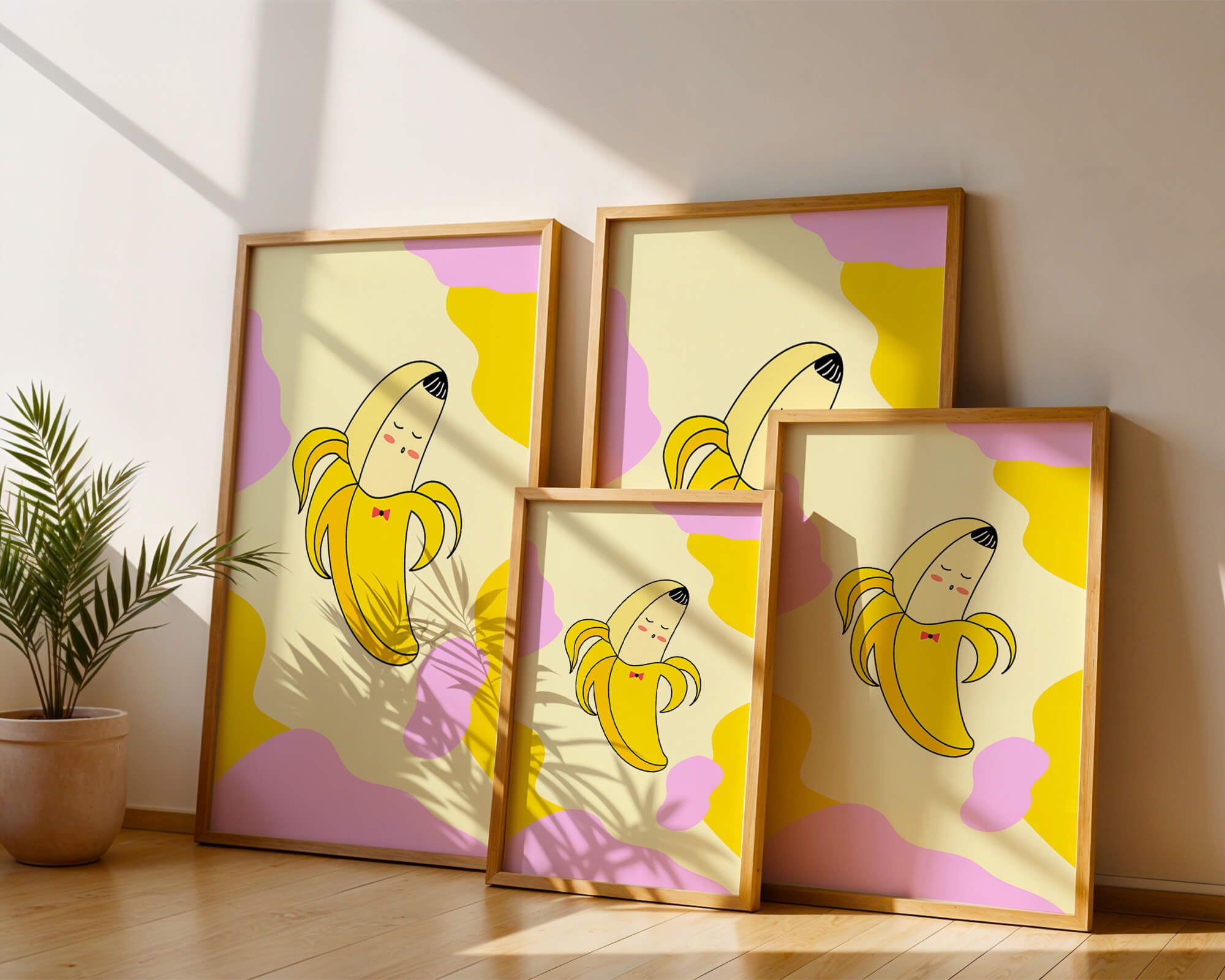 Quirky animated banana with bow tie on colorful abstract background