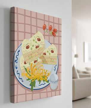 Illustration of layered cake on patterned plate with flowers and a cup