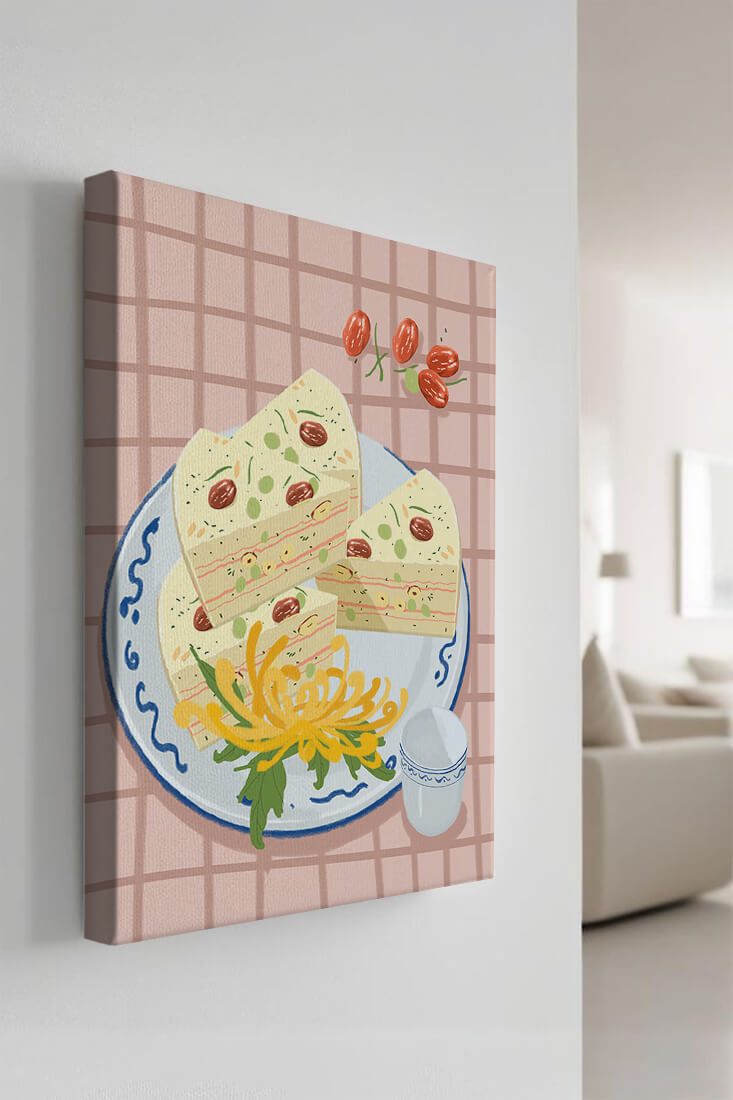 Illustration of layered cake on patterned plate with flowers and a cup
