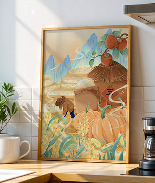 Pastoral landscape with pumpkins and farmer in rice fields