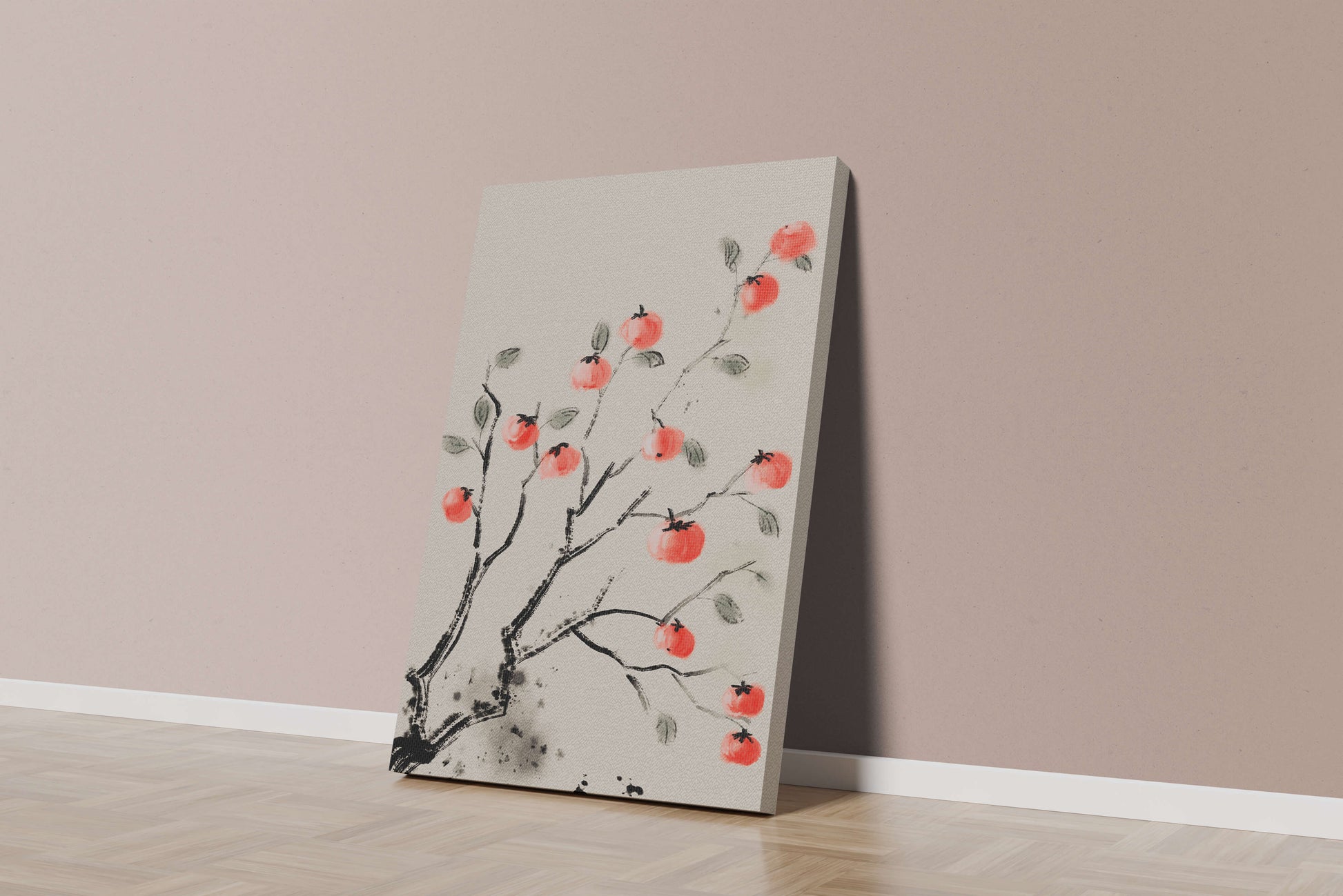 Elegant botanical illustration with vibrant red fruit on branches