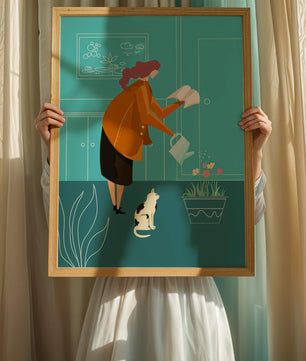 Mujer regando flores con un gato en un interior moderno