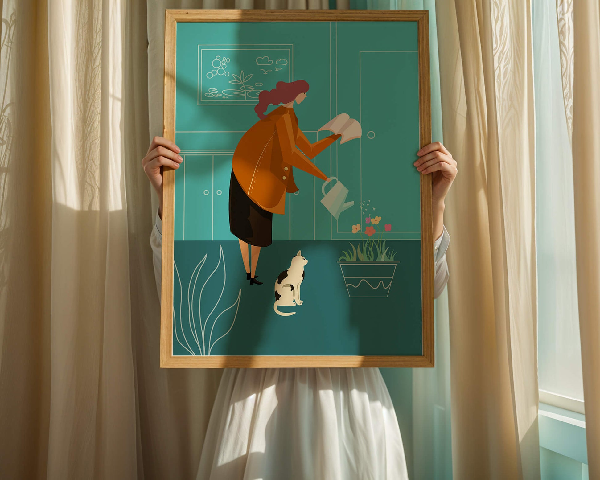 Mujer regando flores con un gato en un interior moderno