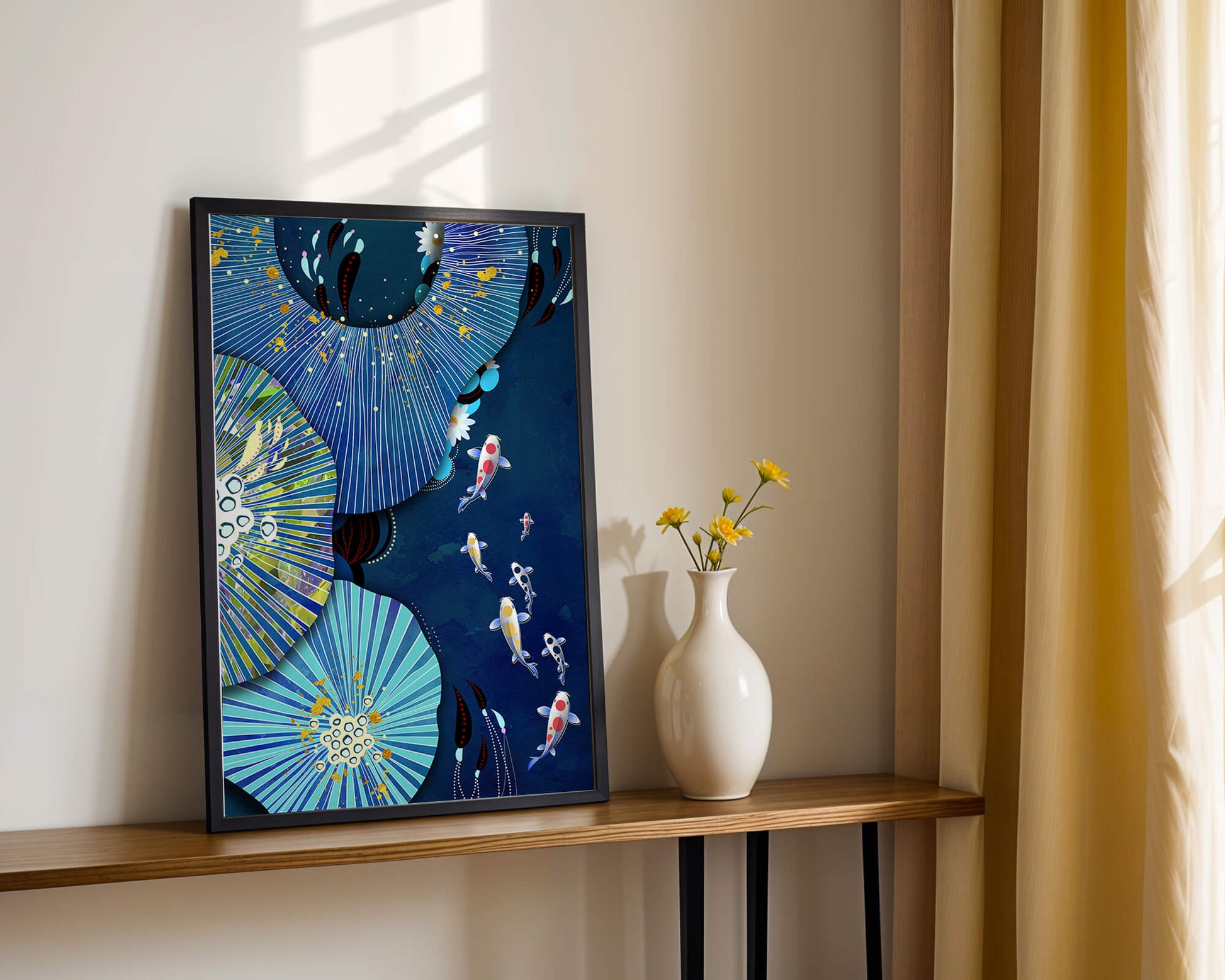 Vibrant underwater scene with koi fish and abstract floral design