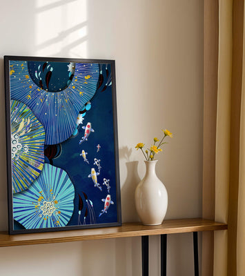 Vibrant underwater scene with koi fish and abstract floral design