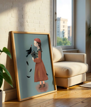 chica en atuendo vintage con pájaro y libro sobre fondo azul