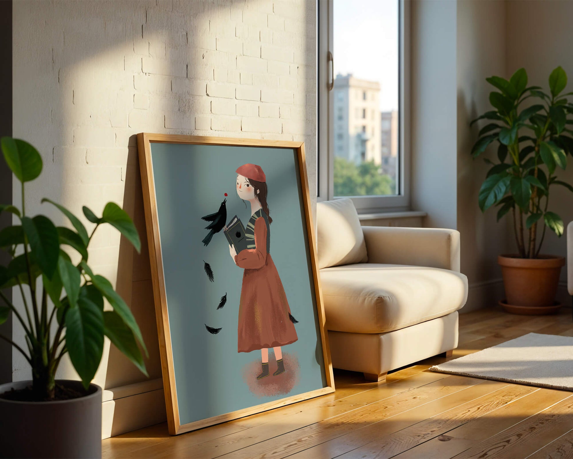 girl in vintage attire with bird and book on blue background