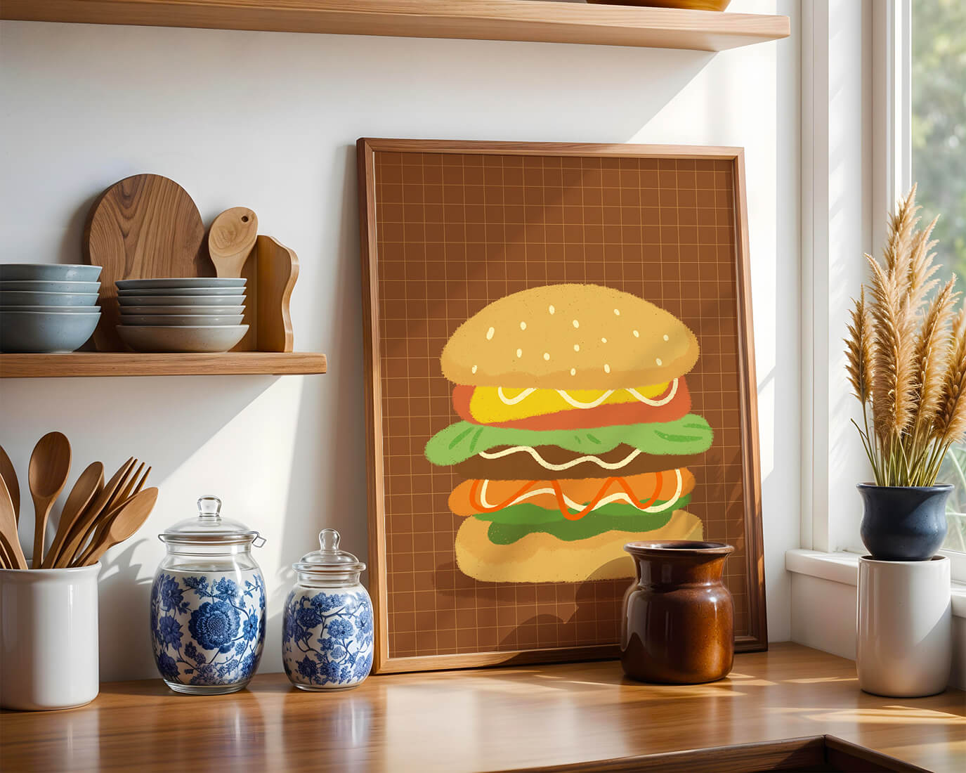Illustrated cheeseburger with colorful layers on a grid background