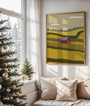 Landscape With Red Barn Amidst Rolling Hills Under Blue Sky