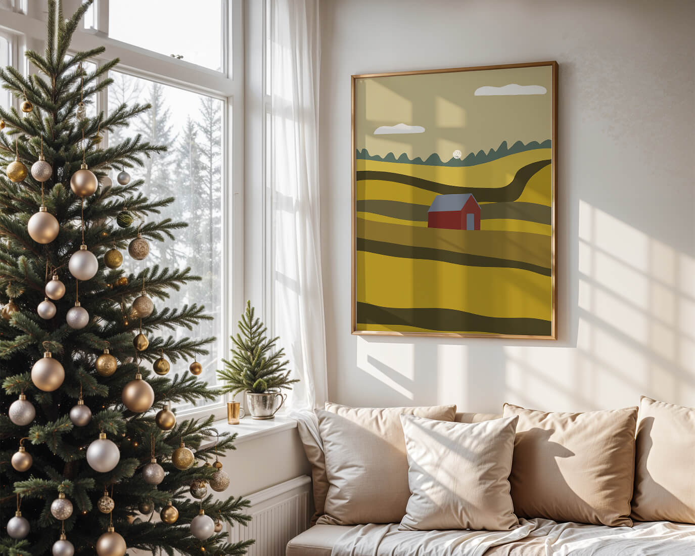 Paisaje con granero rojo entre colinas onduladas bajo un cielo azul