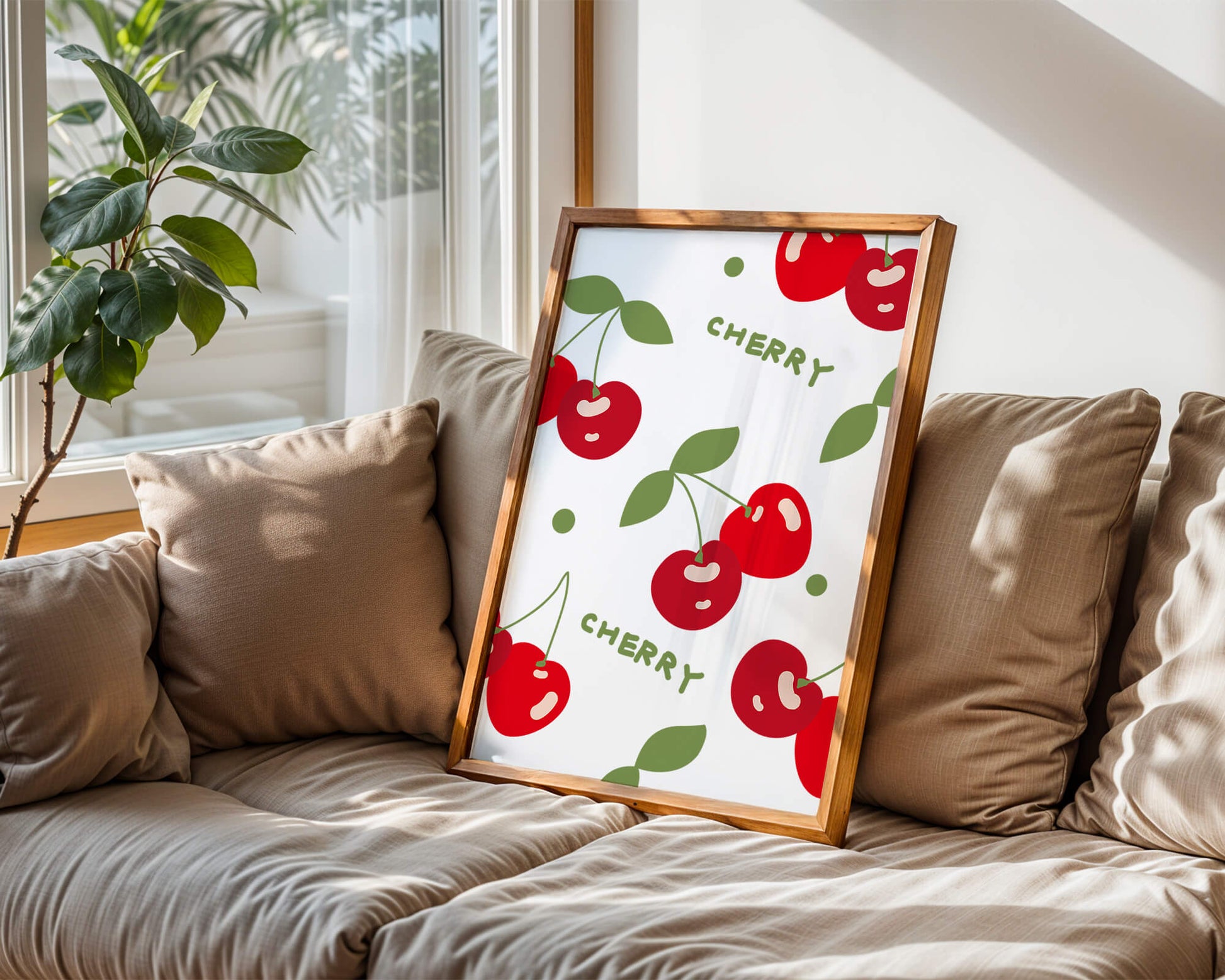 Cherry pattern on black background with green leaves