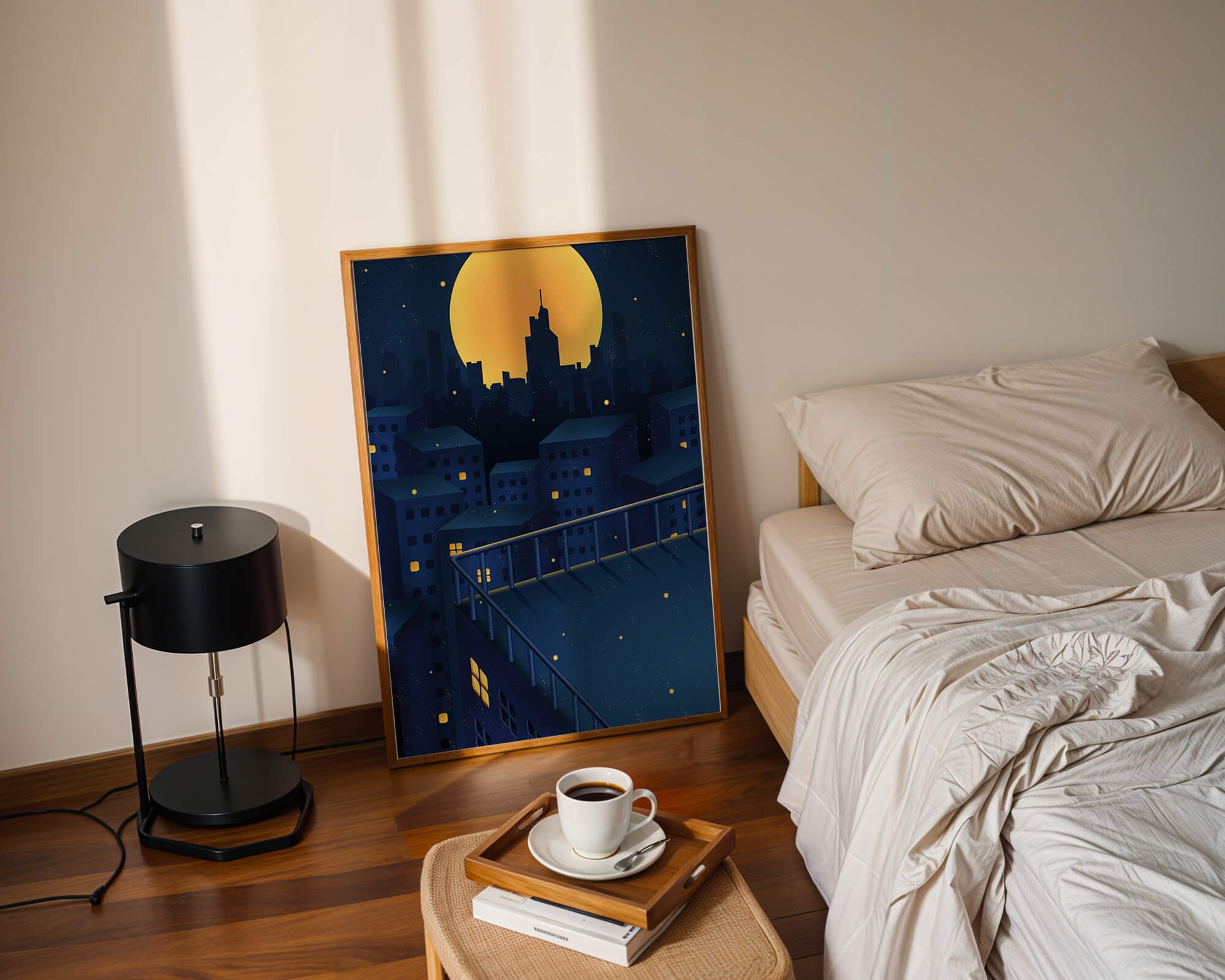 City Rooftop at Night with Illuminated Windows and Full Moon