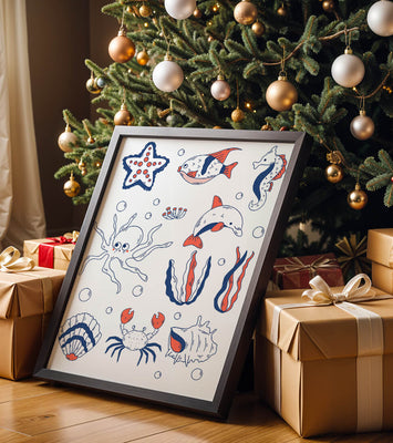 Colorful marine life illustration featuring sea creatures on a dark background