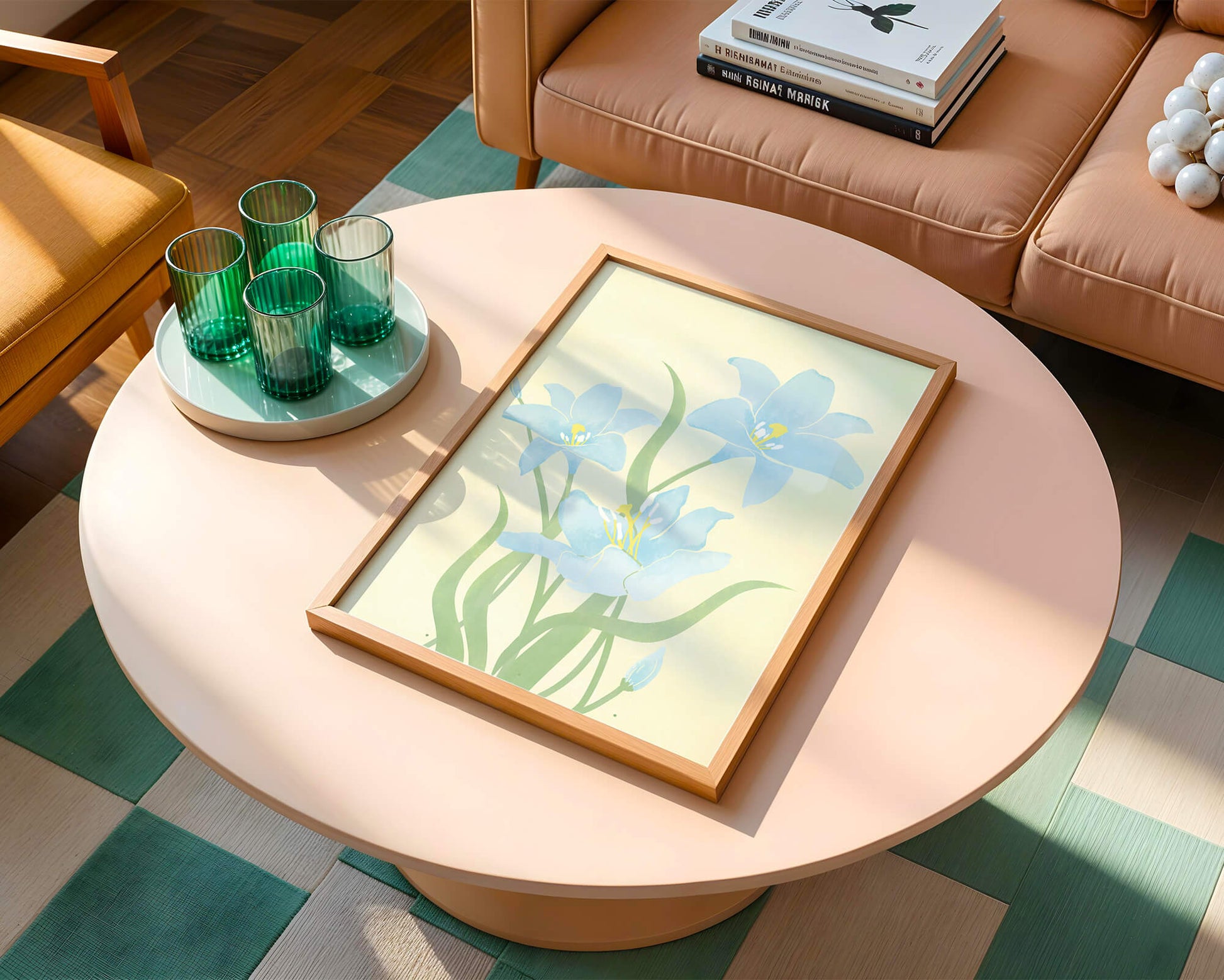 Ilustración elegante de flores azul claro con tallos verdes