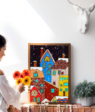 Farbenfrohe Winterstadtlandschaft mit schneebedeckten Häusern im Cartoon-Stil