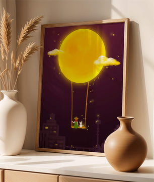 Whimsical night scene with a girl and a rabbit on a swing beneath a glowing moon