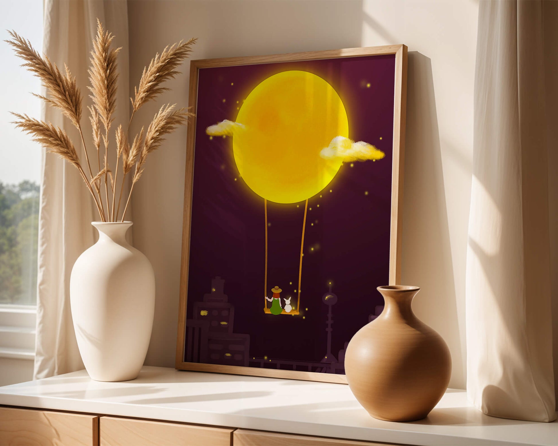 Whimsical night scene with a girl and a rabbit on a swing beneath a glowing moon