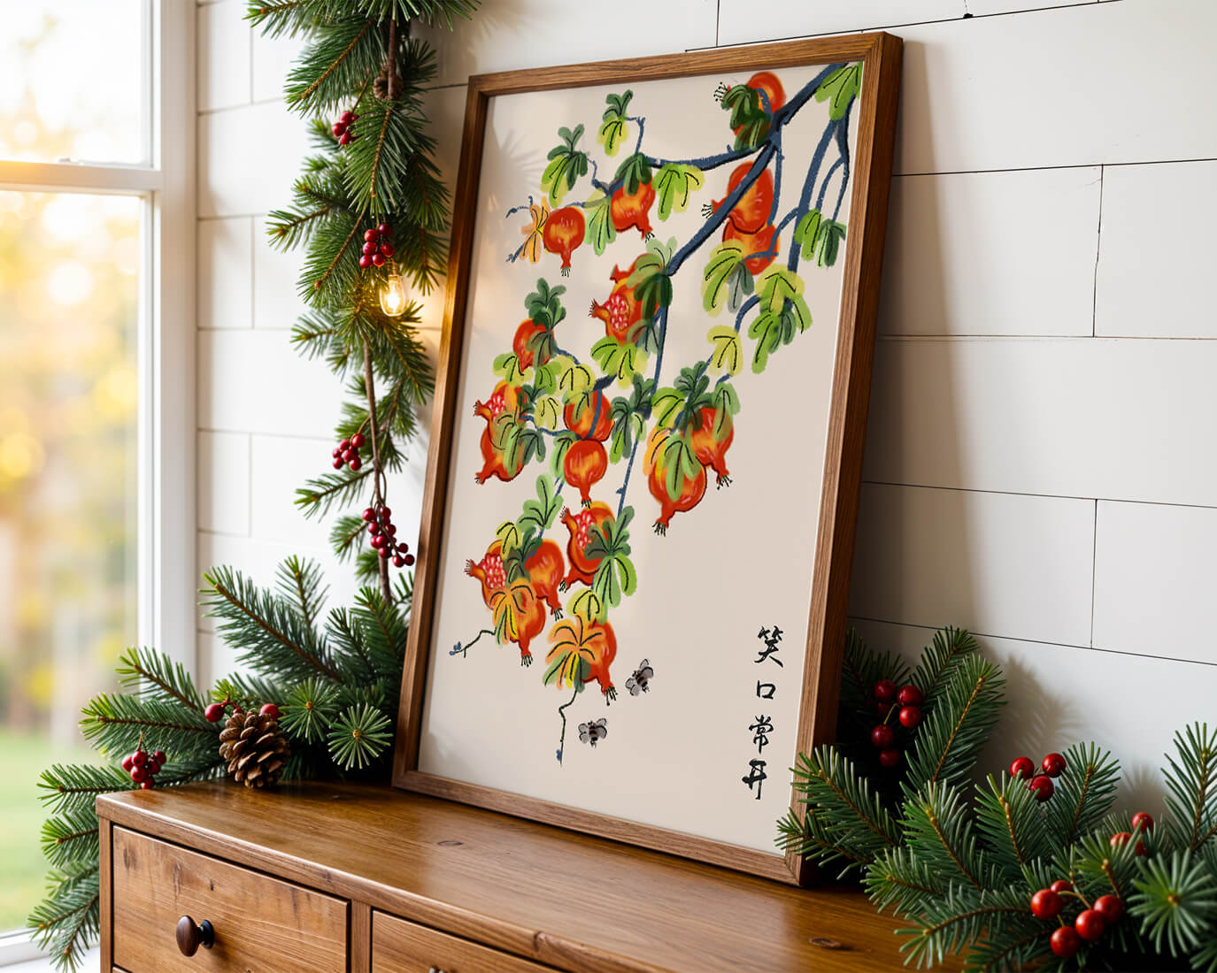 Artistic illustration of vibrant pomegranates on a branch with Asian aesthetic