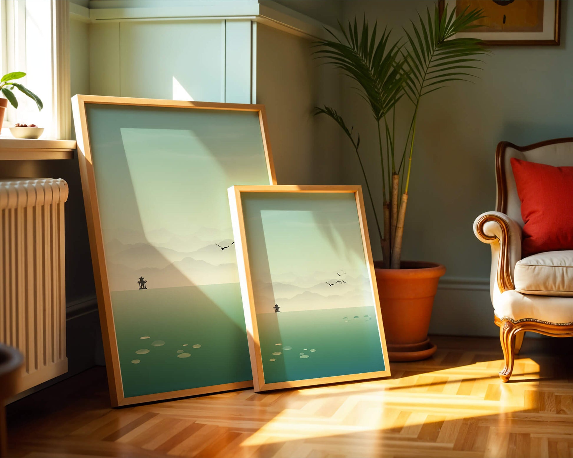 Serene landscape with pagoda and birds over a misty lake