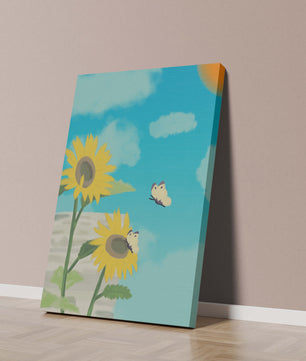 Sunflowers And Butterflies Under A Bright Blue Sky