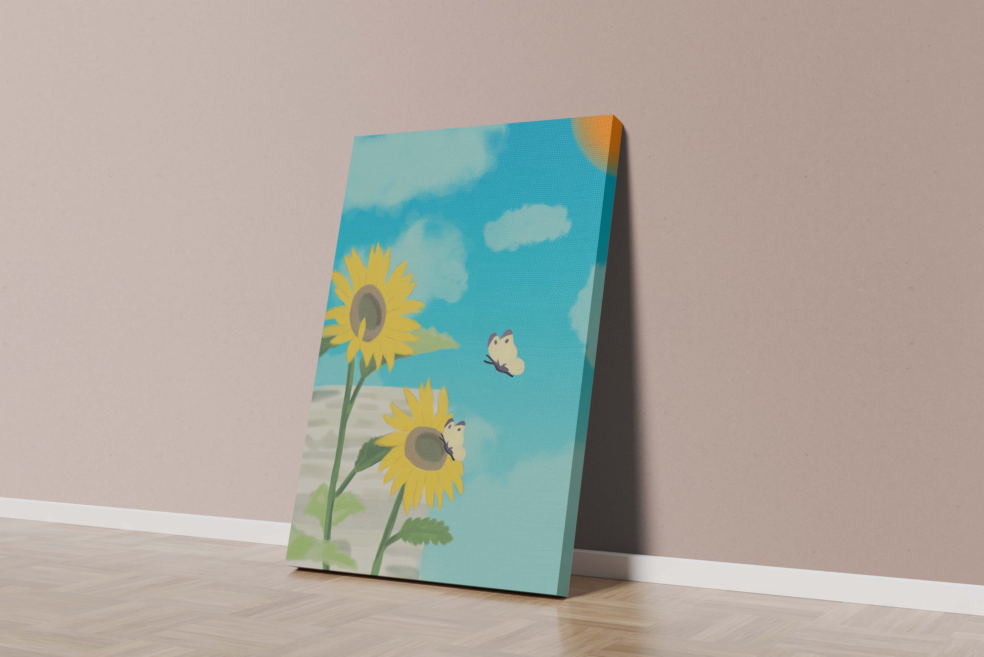 Sunflowers And Butterflies Under A Bright Blue Sky