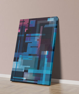 Arte digital geométrico abstracto con tonos azules y morados