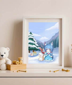 Winter scene with cute chibi character and bunny in snowy landscape