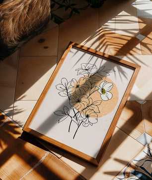 Ilustración floral minimalista con tonos pastel y fondos abstractos