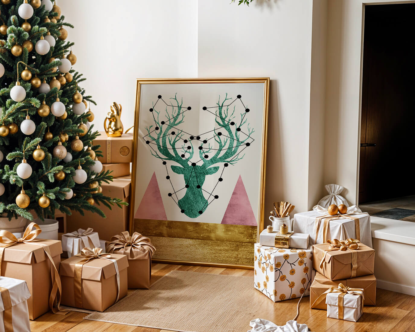 Geometric Deer with Abstract Elements and Gold Accents
